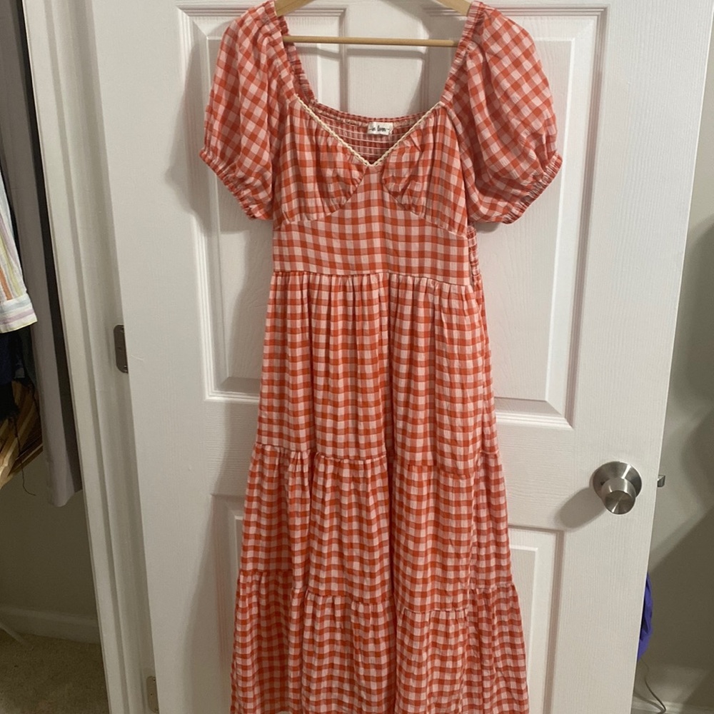 In Loom midi length orange gingham dress
